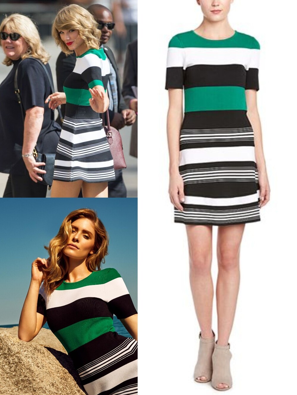 Like New A.L.C. Green Black White Striped Short Sleeve Knit Dress